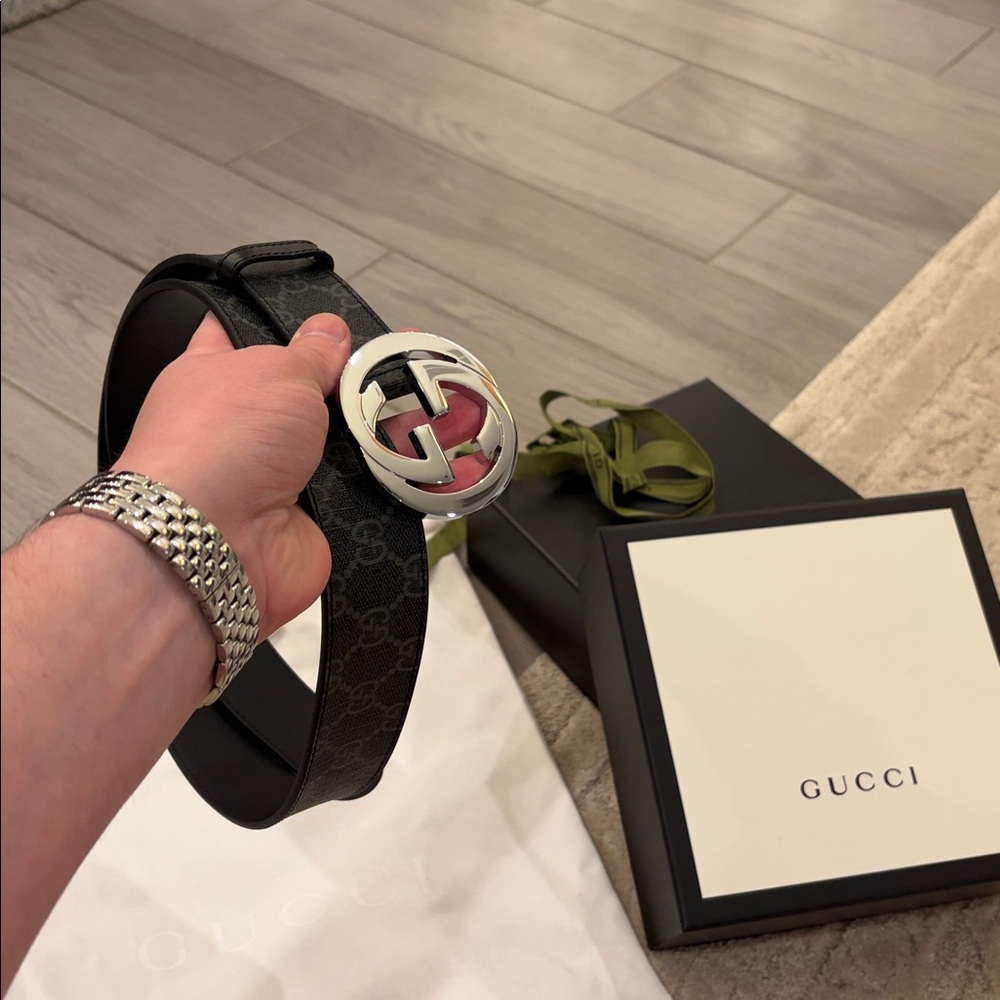 GUCCI interlocking G belt, Black/grey GG Supreme canvas,Palladium-toned hardware
